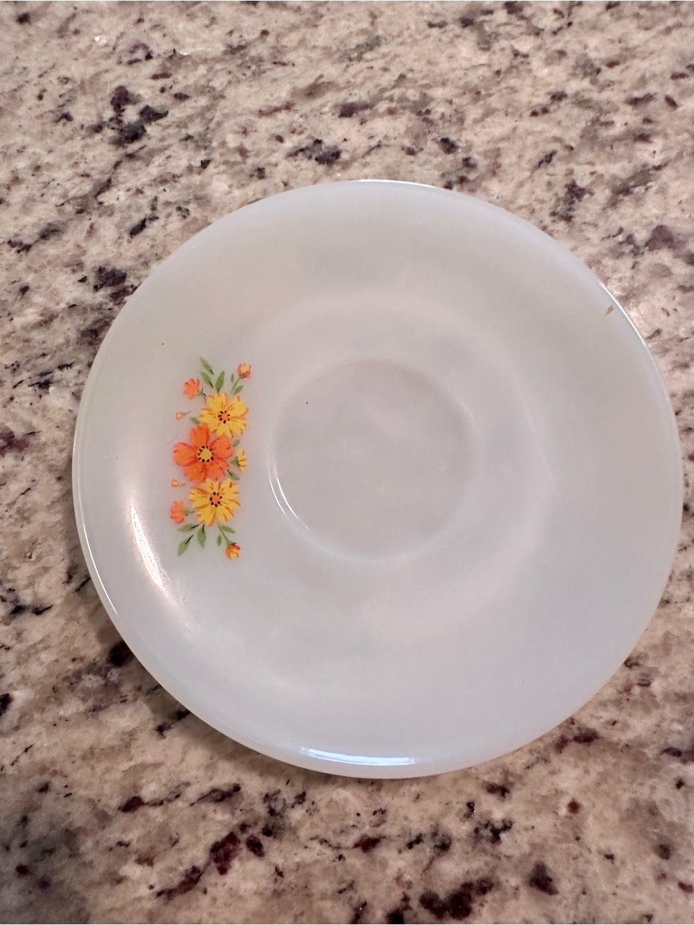Vintage Fire King Floral Saucer White Milk Glass Orange Yellow Flowers